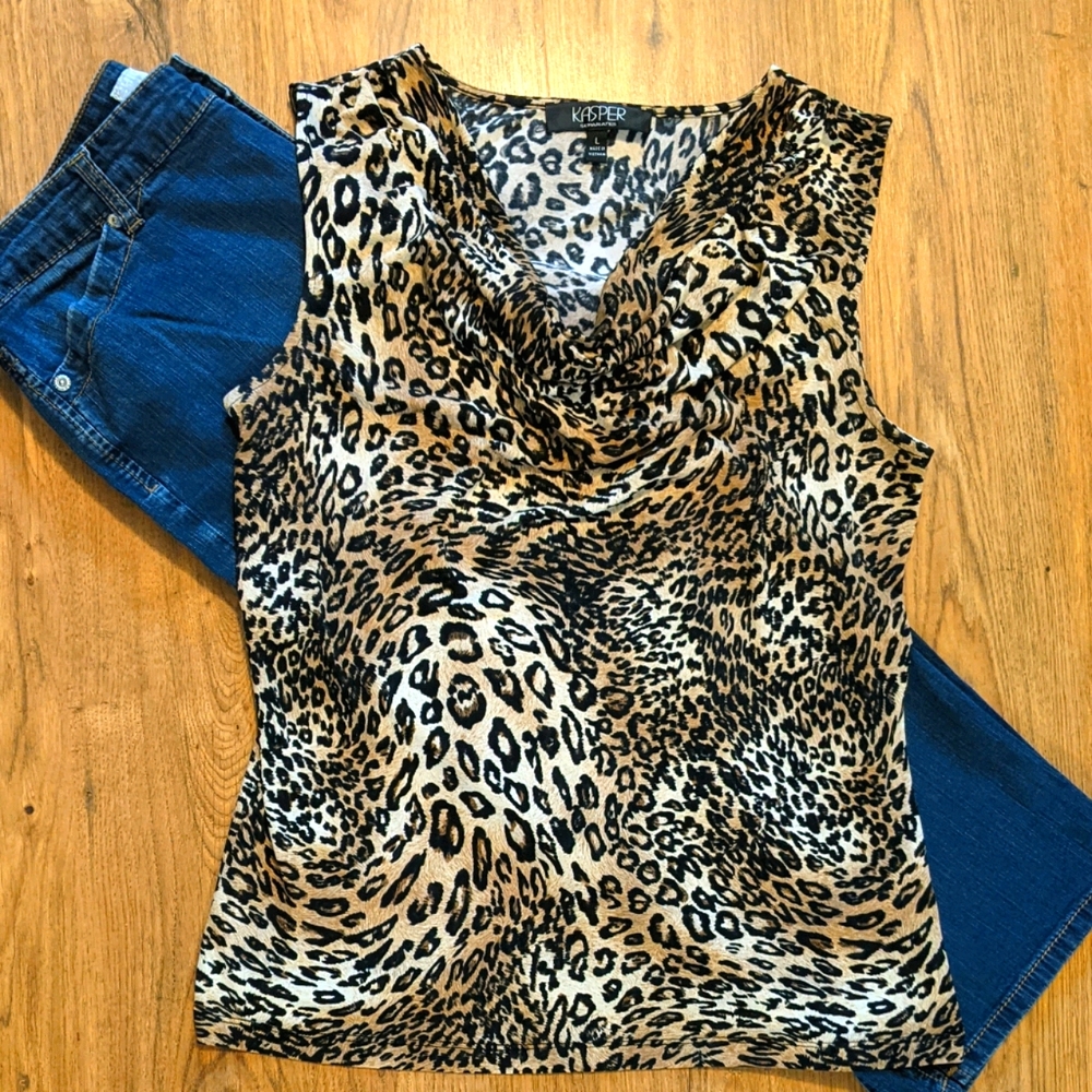Kasper Leopard Print Sleeveless Cowl Neck Tank Top - Brown/Black